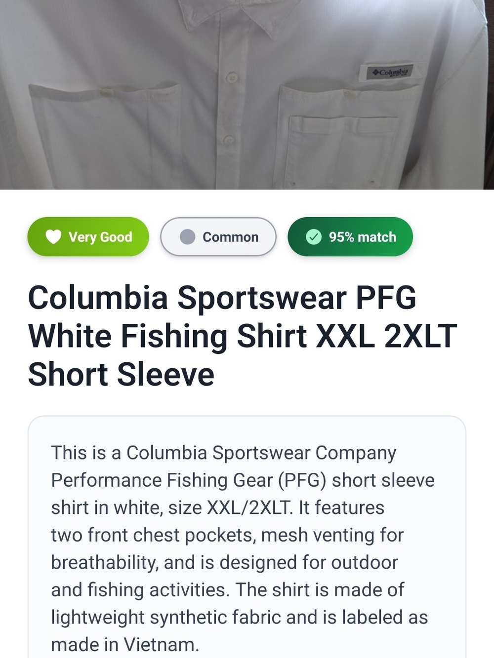 Columbia White Short-Sleeve Fishing Shirt
